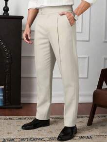 Manfinity Mode Men's High Waist Suit Pants,Beige Summer Business Casual Office Work Trousers,Solid Color Minimalist Design,Old Money Style Versatile Wear,Ceremony - Apricot - View 4