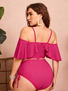 Swim Chiccia Women's Solid Color Spaghetti Strap Off-Shoulder 2-Piece Bikini Set With Ruffles And Drawstring - Elegant And Stylish For Vacation - Fuchsia Pink - View 2
