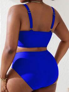 SHEIN Slayr CURVE Plus Size Women 2pcs Black & Pink Splice Ruched Tankini Swimsuit Set, Summer Beach Holiday - Royal Blue - View 2