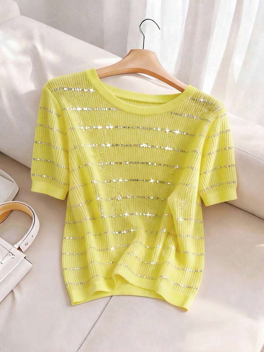 Airaco Áo thun nữ cổ tròn tay ngắn đính sequin, kiểu dáng thoải mái, thích hợp mặc mùa hè. - Vàng nhạt - Xem 1