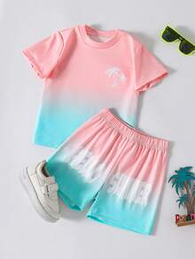 SHEIN Bộ 2 món gồm áo thun ngắn tay và quần short in hình cây cọ ombre cho bé trai, thích hợp mặc hàng ngày. - Nhiều màu - Xem 4