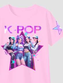 两件套 Y2K 风格休闲时尚粉色 K-Pop 女团字母星星印花圆领短袖 T 恤和短裤套装，适合度假、派对、日常穿着和演唱会。夏季 K-Pop 服装，K-Pop 演唱会服装，少女风服饰。 - 彩色 - 查看 3