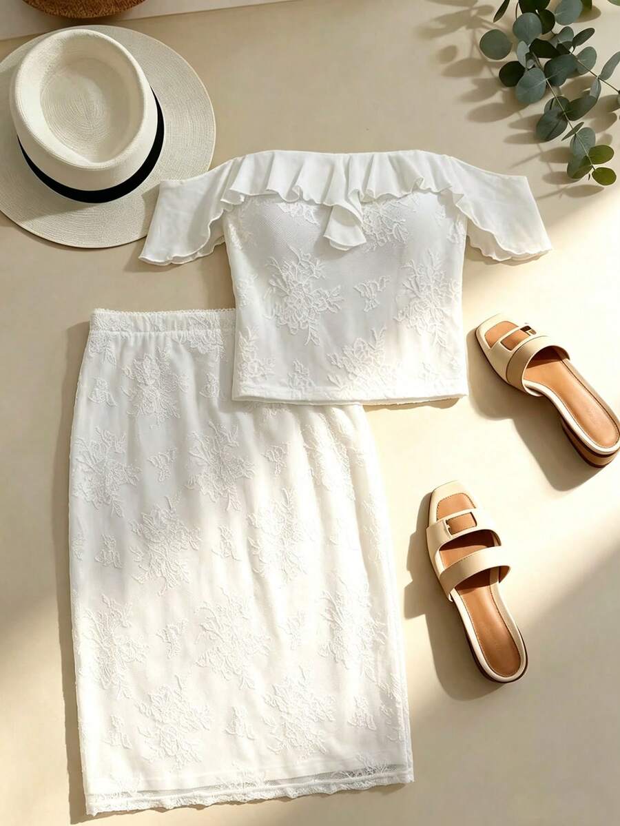 SHEIN Franclia Bộ đồ nữ hở vai, xếp ly, ren, 2 mảnh - trắng - Xem 1