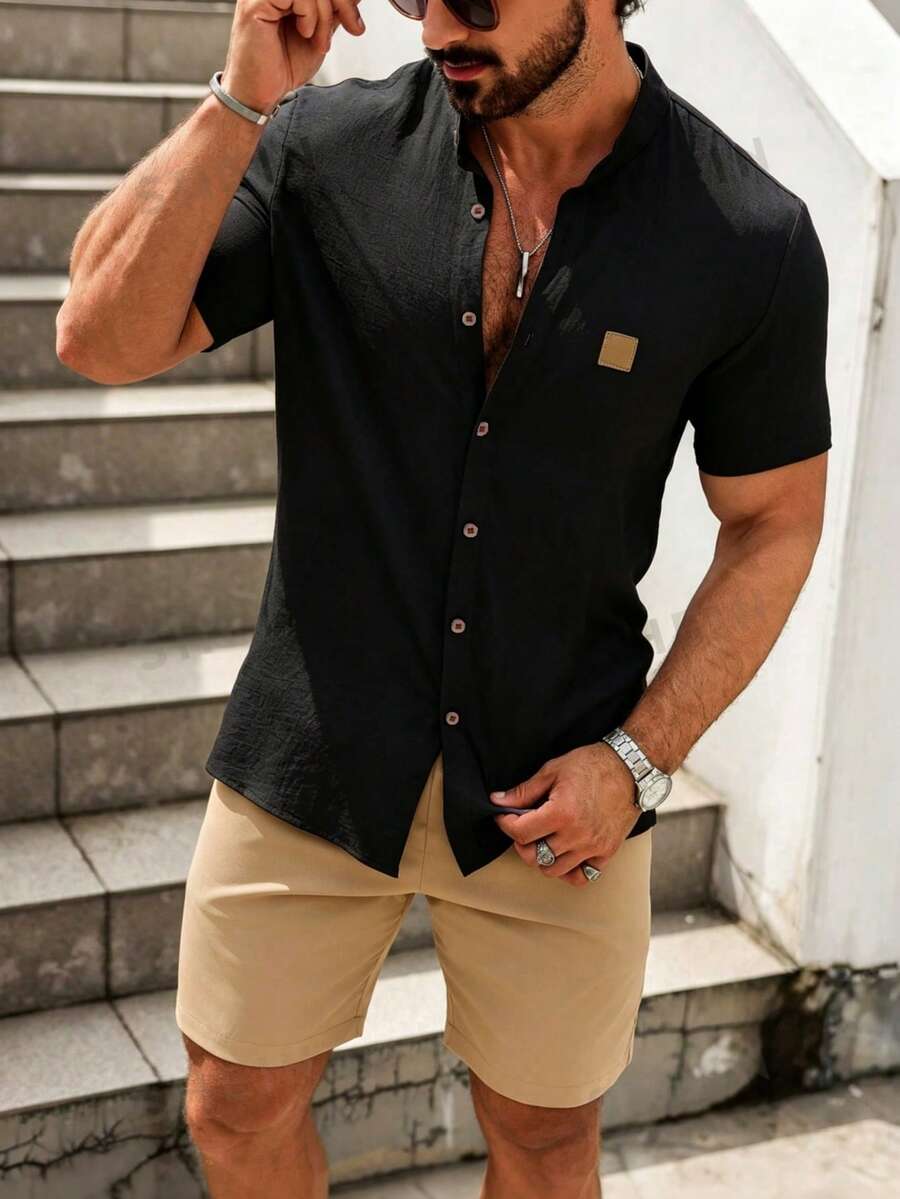 Manfinity Homme Men's Embroidered Design Short Sleeve Shirt And Shorts Casual Set - Black - View 1