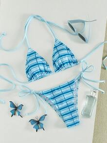 Swim Vcay Bộ đồ bơi 2 mảnh dành cho nữ, kiểu dáng gợi cảm với dây buộc cổ và họa tiết kẻ caro, đồ bơi thanh lịch cho kỳ nghỉ hè ở bãi biển. - Nhiều màu - Xem 5