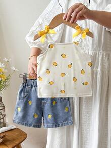 SHEIN Bộ áo yếm và quần short in hình quả anh đào cho bé gái, họa tiết thêu thời trang. - Màu vàng - Xem 3