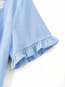 Linhara Plus Size Women Casual Minimalist Countryside Style Small V-Neck Cotton Embroidered Ruffle Cuff Loose Blouse - Baby Blue - View 5
