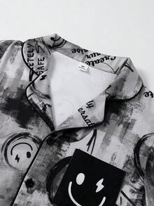 Bộ đồ ngủ, áo khoác cardigan cổ polo chống cháy cho bé trai, in hình mặt cười graffiti, viền trắng, tay ngắn, có túi hình mặt cười; quần short cạp chun, bộ đồ ngủ, đồ mặc nhà - Nhiều màu - Xem 7