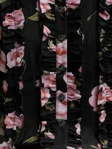 SHEIN Franclia Women's Floral Print Ruffle Trim Vacation Blouse - Pink - View 3