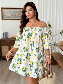 Weeklong Plus Size Women's Off-Shoulder Mid-Sleeve Lemon Print Loose Casual Vacation Mini Dress - Yellow - View 4