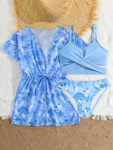 SHEIN 少女碎花交叉绑带泳衣套装，含和服罩衫，三件套（印花随机） - 藍色 - 查看 5
