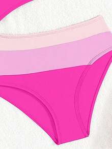 Girls Asymmetric Neckline Color Block Swimsuit With Hollow Design Waist, Purple Beach Outfit - Multicolor - View 5