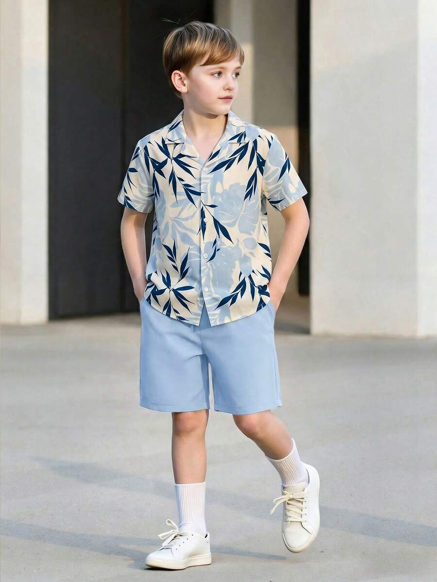 Vacaura 2pcs/Set Casual Comfortable Striped Shirt Top And Shorts Set For Teenage Boys - Multicolor - View 1