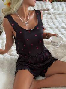 CottageSlumber Women's Casual Cherry Print Knit Frill Trim Pajama Set - Black - View 3