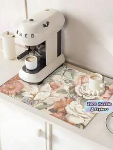 1pc Home Decor, Flower Pattern Drying Mat, Floral Element, Pink Flowers, Retro Soft Rubber Absorbent Coaster, Non-Slip For Coffee Maker, Pet, Countertop, Dining Table, Patio Decor, Kitchen Accessory - Multicolor - View 1