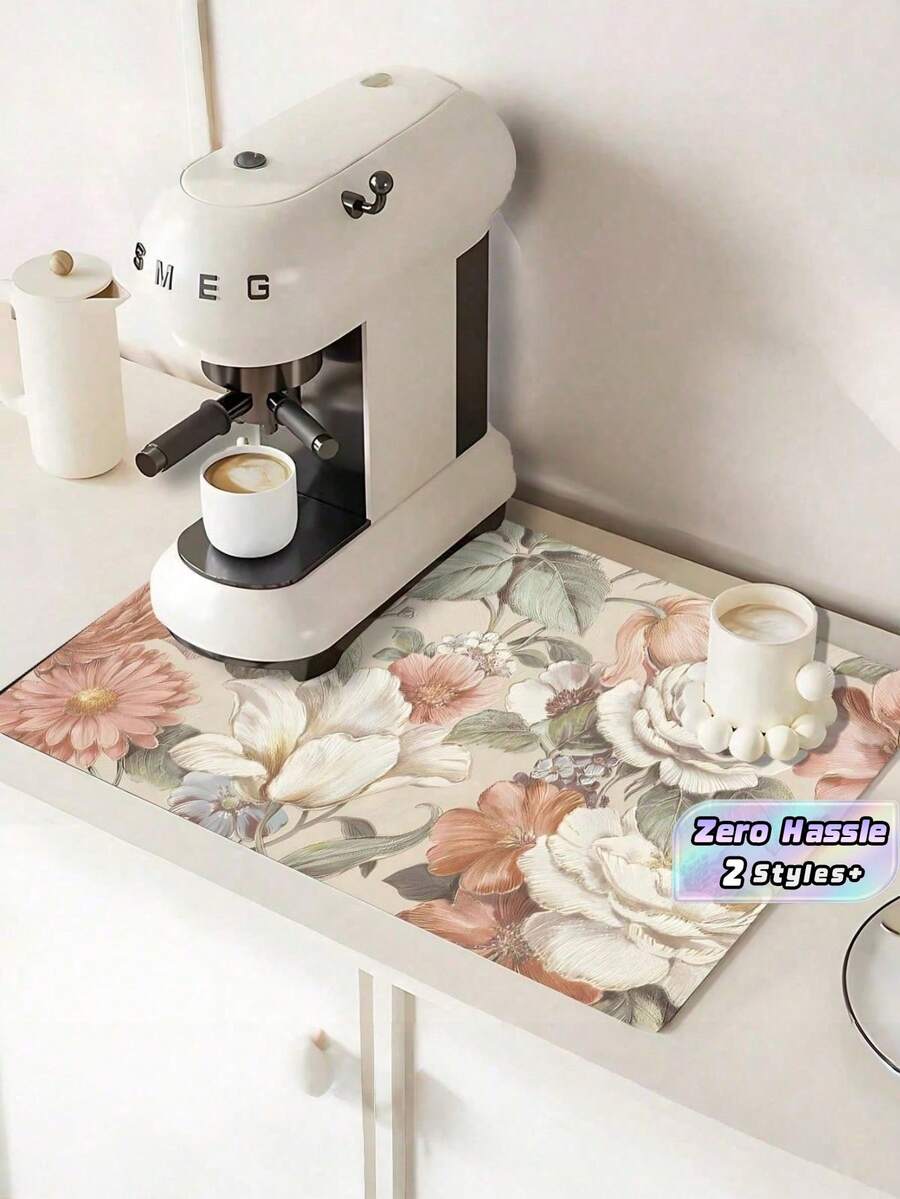 1pc Home Decor, Flower Pattern Drying Mat, Floral Element, Pink Flowers, Retro Soft Rubber Absorbent Coaster, Non-Slip For Coffee Maker, Pet, Countertop, Dining Table, Patio Decor, Kitchen Accessory - Multicolor - View 1