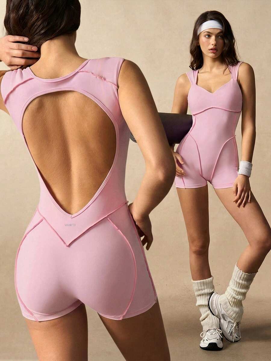 VARSIVA Women's Solid Color Backless Design Casual Daily Sports Romper - Pink - View 1