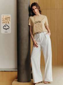 Áo thun nữ tay ngắn cổ tròn đa năng Anewsta New Casual Vacation, 100% cotton, dễ phối đồ, thêu họa tiết sứa đính sequin. - Màu Khaki - Xem 4