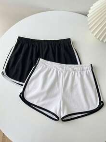 Attitoon 2pcs Women's Casual Shorts, Black & White, Suitable For Summer - Multicolor - View 2
