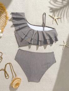 SHEIN 青少年夏季咖啡白条纹单肩荷叶边比基尼两件套，咖啡白条纹面料，单肩荷叶边设计，时尚休闲度假风，适合夏季海滩度假、游泳、温泉等场合。 - 咖啡棕 - 查看 2