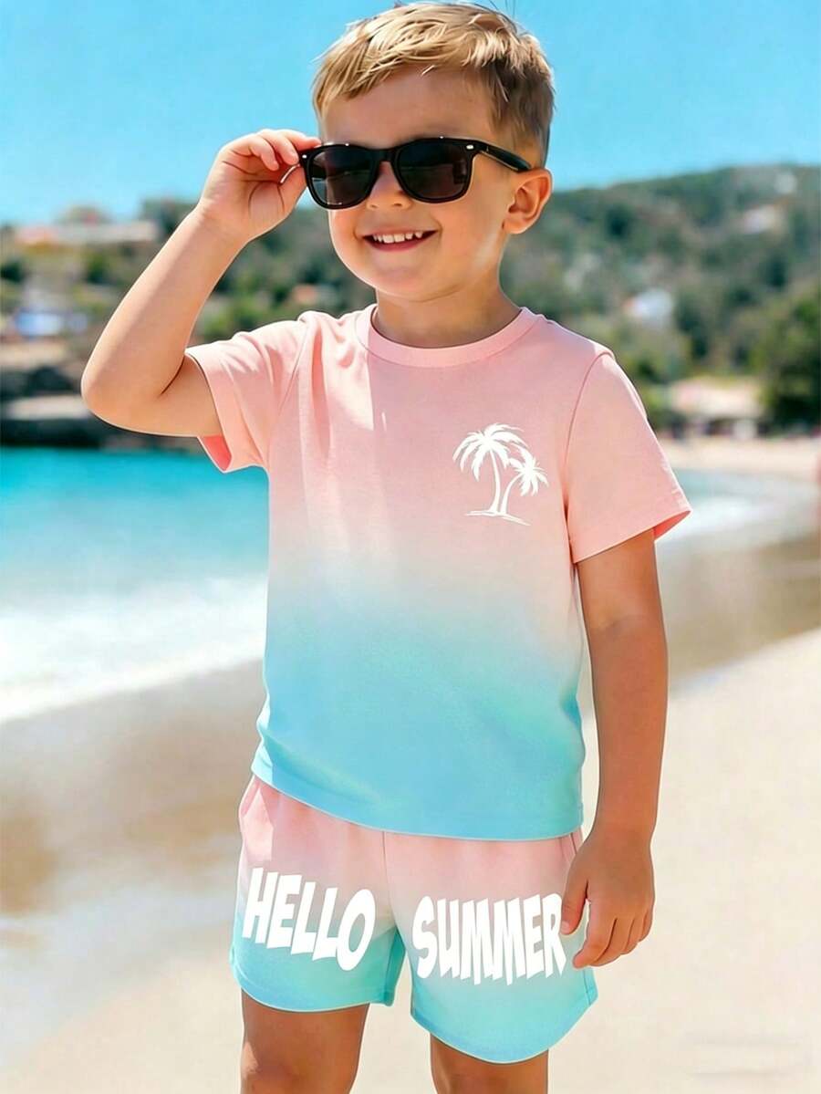 SHEIN Bộ 2 món gồm áo thun ngắn tay và quần short in hình cây cọ ombre cho bé trai, thích hợp mặc hàng ngày. - Nhiều màu - Xem 1