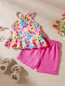 SHEIN Conjunto de 2 peças para bebê menina (0-3 anos) - Primavera/Verão - Cores vibrantes - Top sem mangas + shorts - Ideal para férias. Roupa infantil para primavera/verão. - Multicolorido - Ver 3