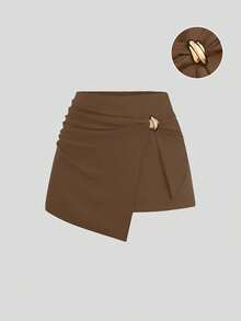 Sweetra Plus Size Fashionable Elegant High-Waisted Slimming Knotted Asymmetrical Skorts Party Chocolate Brown Summer - Brown - View 1