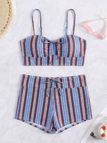 Swim Vcay Conjunto de bikini de verano con tirantes de espagueti, decoración de lazo y estampado a rayas, estampado aleatorio - Multicolor - Ver 6