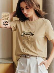 Áo thun nữ tay ngắn cổ tròn đa năng Anewsta New Casual Vacation, 100% cotton, dễ phối đồ, thêu họa tiết sứa đính sequin. - Màu Khaki - Xem 3