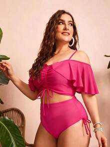 Swim Chiccia Women's Solid Color Spaghetti Strap Off-Shoulder 2-Piece Bikini Set With Ruffles And Drawstring - Elegant And Stylish For Vacation - Fuchsia Pink - View 3