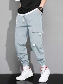 Manfinity Hypemode Loose Fit Men's Slogan Graphic Flap Pocket Drawstring Waist Cargo Pants - Baby Blue - View 4