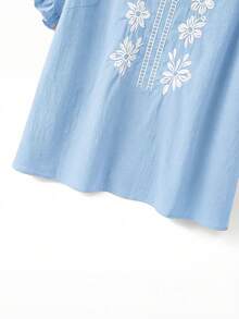 Linhara Plus Size Women Casual Minimalist Countryside Style Small V-Neck Cotton Embroidered Ruffle Cuff Loose Blouse - Baby Blue - View 6