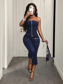BamGleam Pantalones vaqueros ajustados de 7/8 de longitud para uso diario, versátiles y casuales con bolsillos y botones para mujer - Azul lavado oscuro - Ver 3