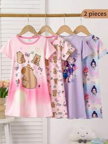 Bộ 2 món đồ ngủ ngắn tay dài in hình cừu hoạt hình dễ thương cho bé gái, màu hồng và xám. - Hồng - Xem 1