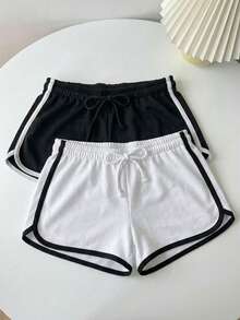 Attitoon 2pcs Women's Casual Shorts, Black & White, Suitable For Summer - Multicolor - View 9