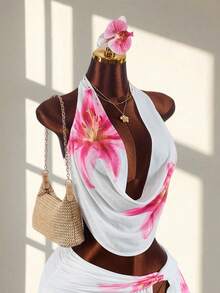 Amplova 女士印花垂领性感吊带背心，度假必备 - 粉色 - 查看 8