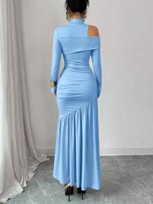 Modelyn Women's Elegant Coffee Color Hollow Shoulder Design Turtleneck Dress, Autumn/Winter - Blue - View 4