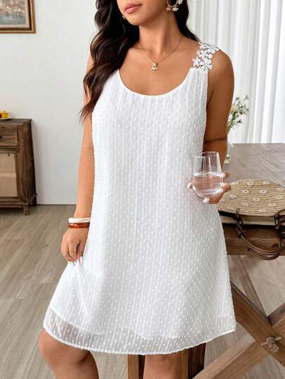 Weeklong Plus Size Women Floral Applique Patchwork Round Neck Sleeveless Dress, Spring/Summer