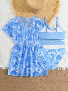 SHEIN 少女碎花交叉绑带泳衣套装，含和服罩衫，三件套（印花随机） - 藍色 - 查看 2