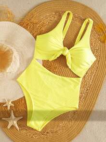 Swim Vcay 2026 Spring/Summer Apricot Polka Dot Textured Fabric Sleeveless Chest Tie Design Sweet One-Piece Bikini Swimsuit For Women - Yellow - View 5