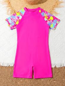 SHEIN Traje de baño informal de una sola pieza con estampado tropical de plantas, cremallera en el hombro y calzón para niñas preadolescentes - Rosa Fucsia - Ver 2