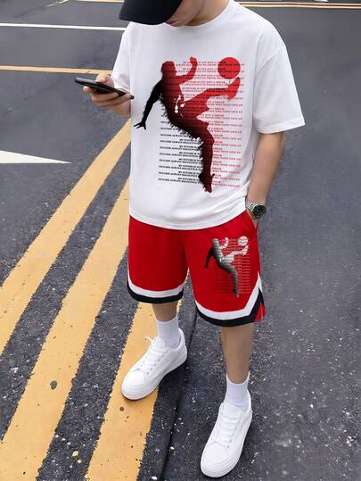Coolqubz 两件套青少年夏季短袖短裤套装，时尚针织网布数字条纹印花休闲日常运动街头服饰