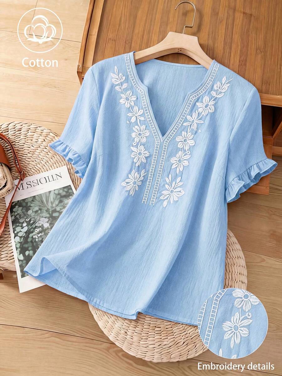 Linhara Plus Size Women Casual Minimalist Countryside Style Small V-Neck Cotton Embroidered Ruffle Cuff Loose Blouse - Baby Blue - View 1