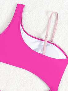 Girls Asymmetric Neckline Color Block Swimsuit With Hollow Design Waist, Purple Beach Outfit - Multicolor - View 4