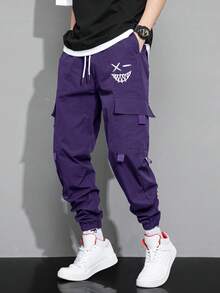 Claim Dot Loose Men's Letter & Expression Print Flap Pocket Drawstring Waist Cargo Pants - Purple - View 1