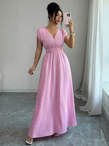 Elenzga Women's V-Neck Sleeveless Mid-Length Dress, Textured Fabric, Waist Cinched, Elegant Resort Wear, Spring/Summer - Pink - View 3