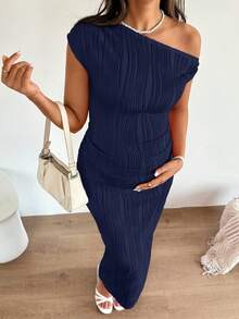 SHEIN Maternity Solid Color Asymmetrical Shoulder Fitted Summer Dress - Navy Blue - View 2