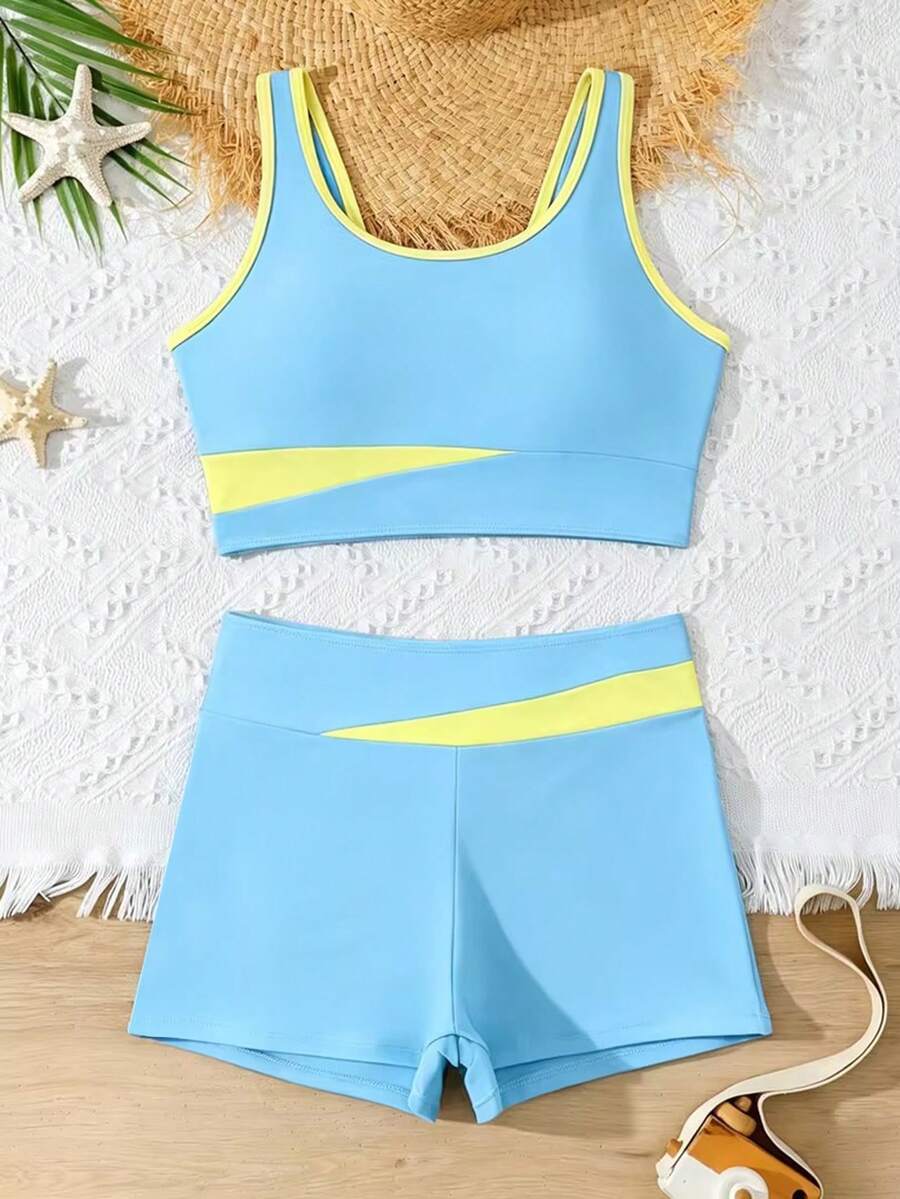 SHEIN 少女比基尼套装,纯色针织U领露脐上衣和短裤两件式泳装,适合游泳、海滩、度假、夏季 - 藍色 - 查看 1