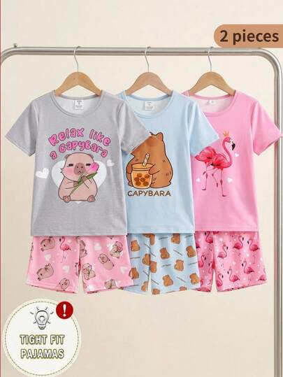4pcs/Set Tween GirlsPink Flamingo & Heart Print Short Sleeve Top + Heart Flamingo All-Over Print Shorts Pajama Set, Fitted Home Wear