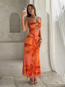 Aloruh Women's Elegant Tropical Orange Red Floral Print Bandeau Mesh Maxi Dress, Summer Casual Holiday Vacation Guest Gown For Wedding Beach Party - Orange - View 3